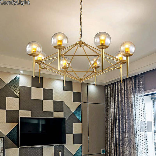 Lustre design vintage doré et boule en verre style loft - vue 4 sur 6