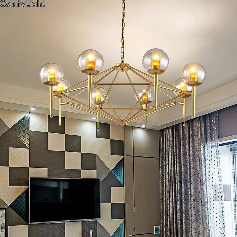 Lustre design vintage doré et boule en verre style loft - vue 3 sur 6
