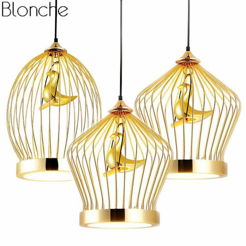 Suspension LED doré oiseau en cage - vue 4 sur 7