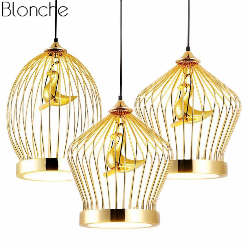 Suspension LED doré oiseau en cage - vue 3 sur 7