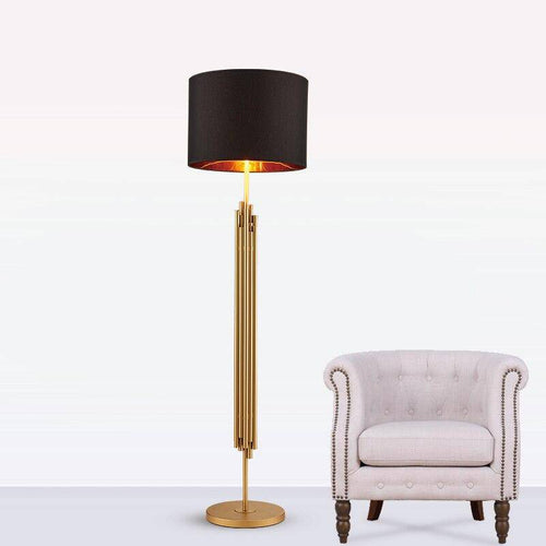 Lampadaire design doré avec abat-jour noir arrondi body - vue 2 sur 8