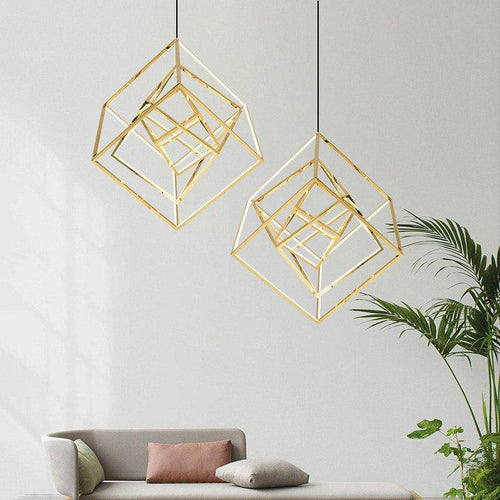 Suspension design à LED en forme de branches de cube dorée - vue 3 sur 9