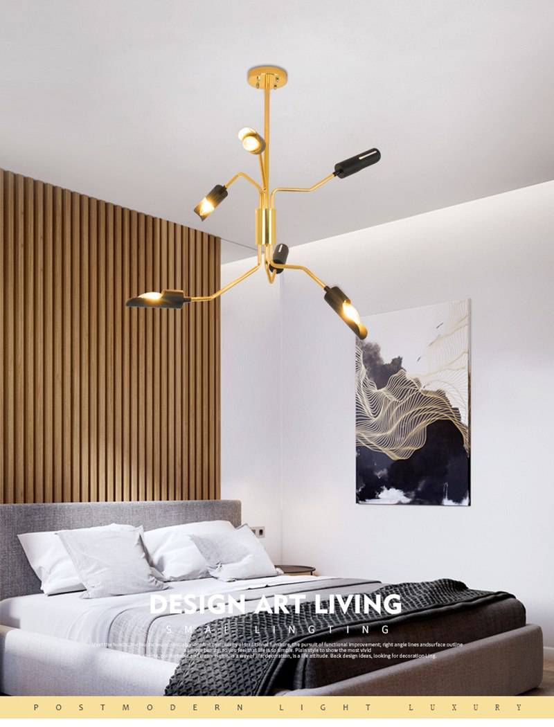 Lustre design à LED avec bras articulés dorés et lampes noires - vue 8 sur 8