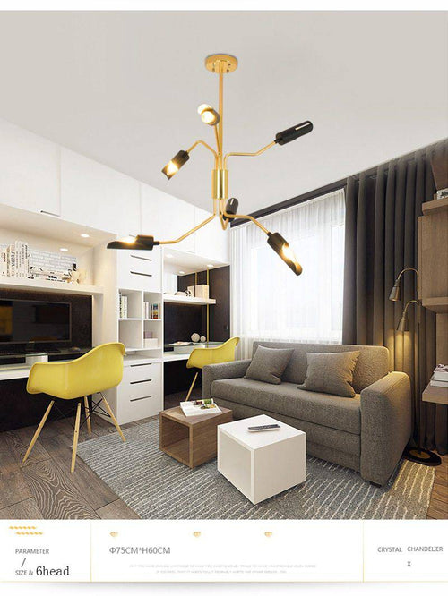 Lustre design à LED avec bras articulés dorés et lampes noires - vue 8 sur 8