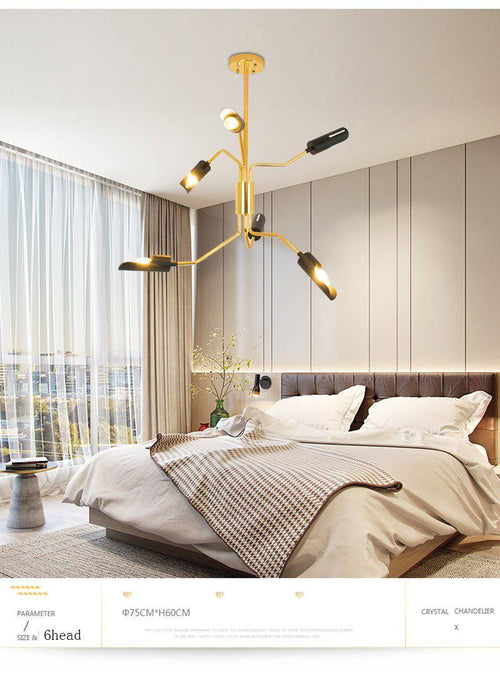 Lustre design à LED avec bras articulés dorés et lampes noires - vue 3 sur 8