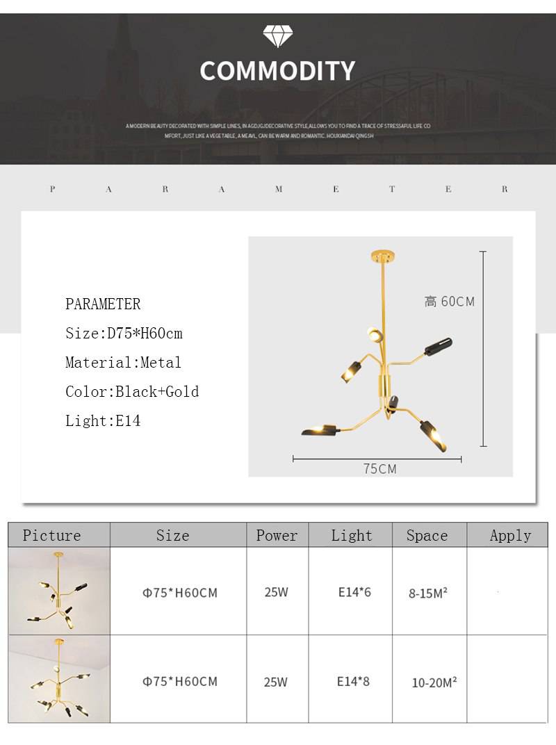 Lustre design à LED avec bras articulés dorés et lampes noires - vue 5 sur 8