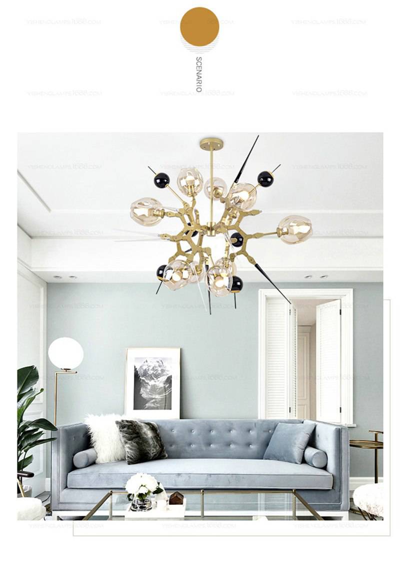 Lustre design à LED moderne doré et noir avec boules en verre et pics - vue 11 sur 12