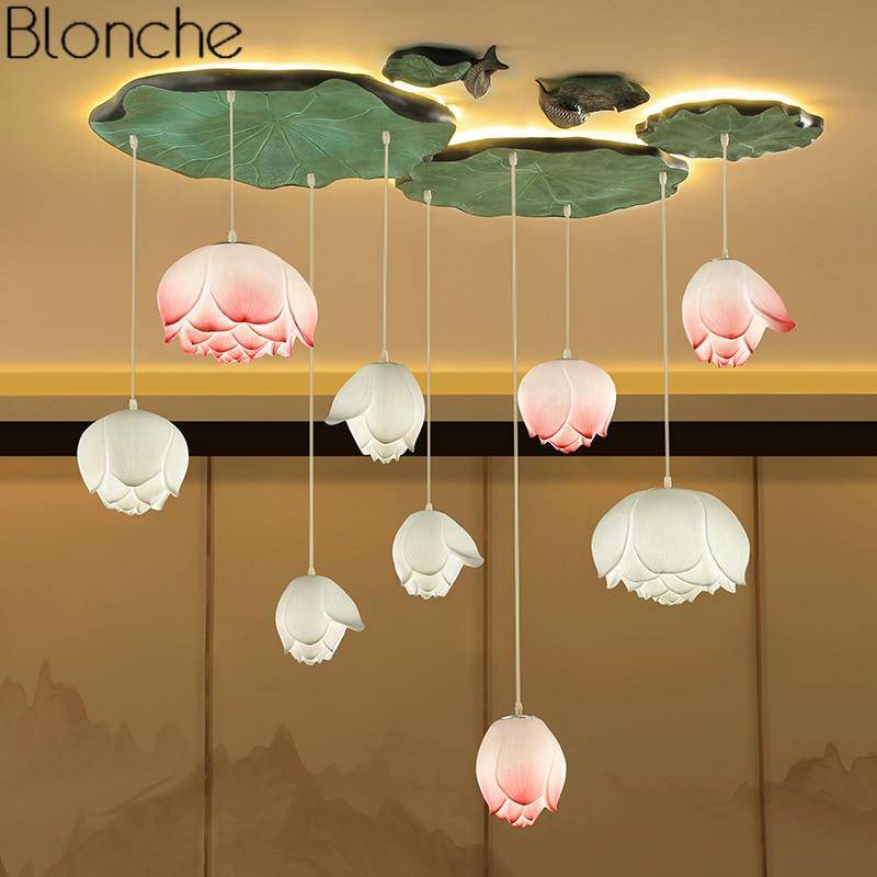 Suspension LED style chinois avec fleurs Lotus - vue 2 sur 18