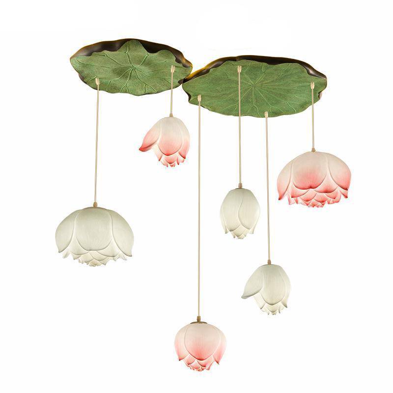 Suspension LED style chinois avec fleurs Lotus - vue 3 sur 18