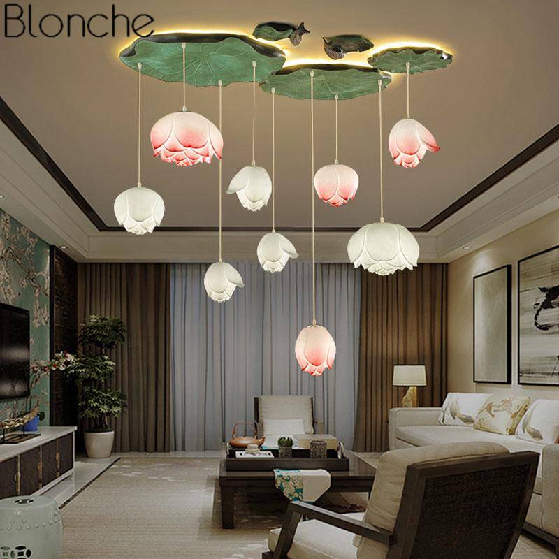 Suspension LED style chinois avec fleurs Lotus - vue 15 sur 18