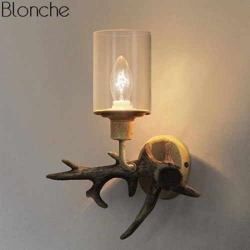 Applique murale LED cornes de cerf en bois et abat-jour en verre - vue 2 sur 5