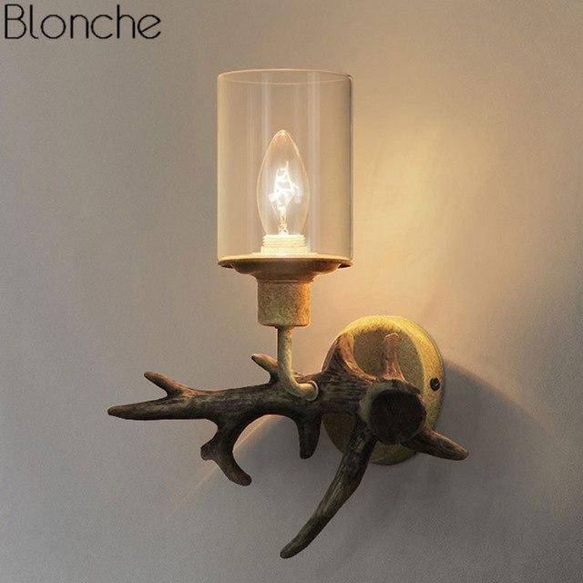 Applique murale LED cornes de cerf en bois et abat-jour en verre - vue 4 sur 5