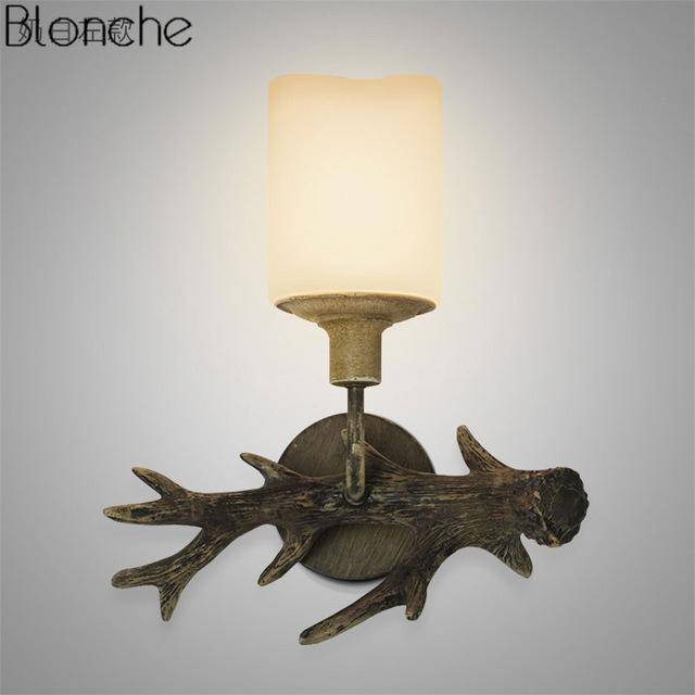Applique murale LED cornes de cerf en bois et abat-jour en verre - vue 5 sur 5