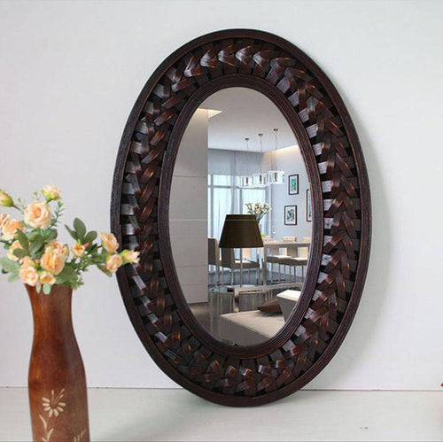 Miroir mural décoratif ovale en bois foncé tressé - vue 2 sur 3