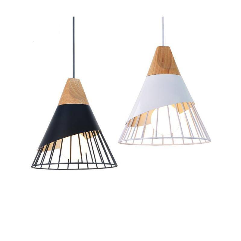 Suspension conique cage en métal et support en bois - vue 2 sur 10