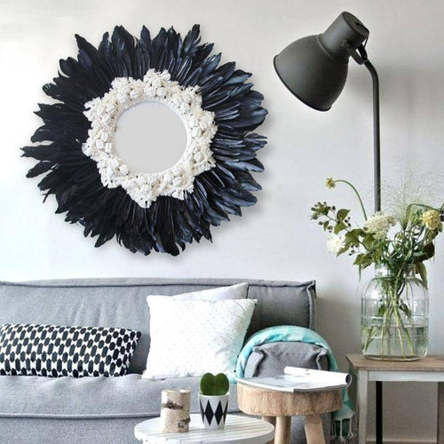 Miroir décoratif mural rond à plumes noires et blanches Modern - vue 3 sur 3