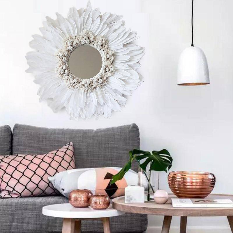 Miroir décoratif mural rond à plumes blanches Modern - vue 3 sur 3