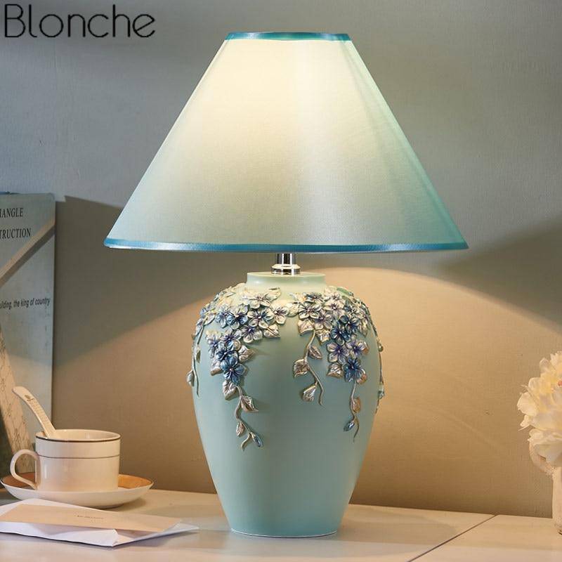 Lampe de chevet à poser avec abat-jour et base fleuri colorée - vue 6 sur 12