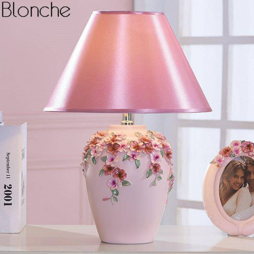 Lampe de chevet à poser avec abat-jour et base fleuri colorée - vue 3 sur 12