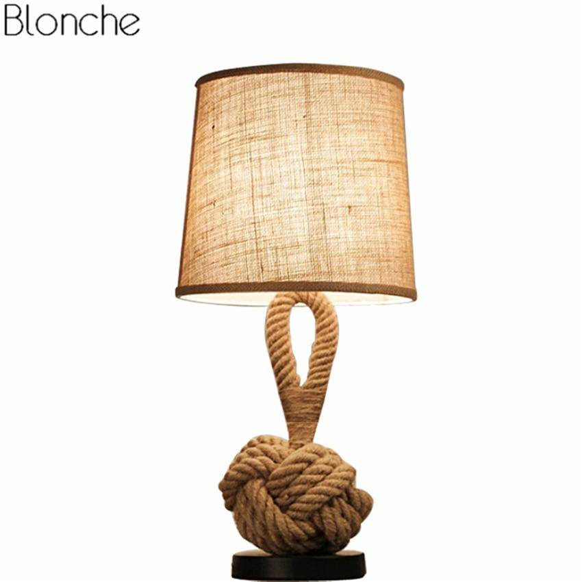 Lampe de chevet avec abat-jour en tissu et support en cordage - vue 3 sur 5