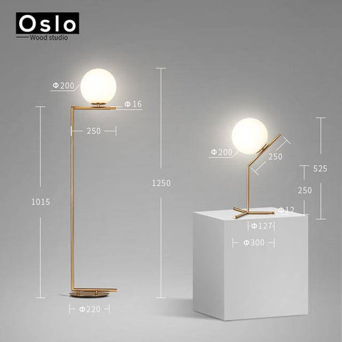 Lampadaire design à LED doré avec boule en verre - vue 7 sur 8