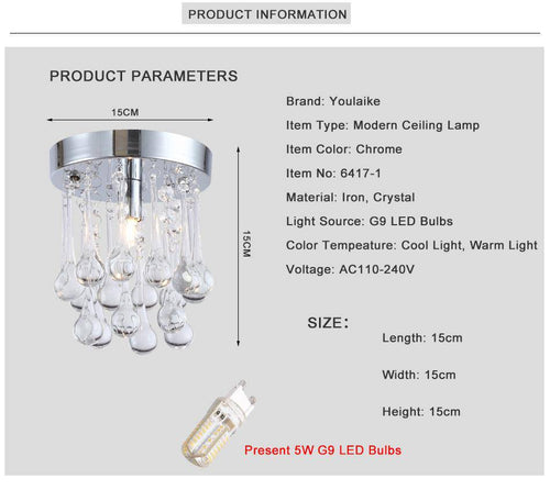 Plafonnier LED chromé et gouttes en cristal - vue 5 sur 7