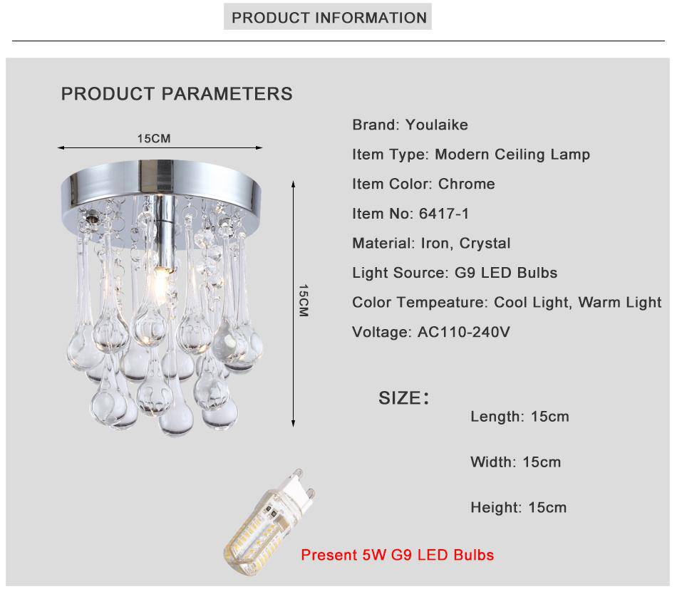 Plafonnier LED chromé et gouttes en cristal - vue 5 sur 7