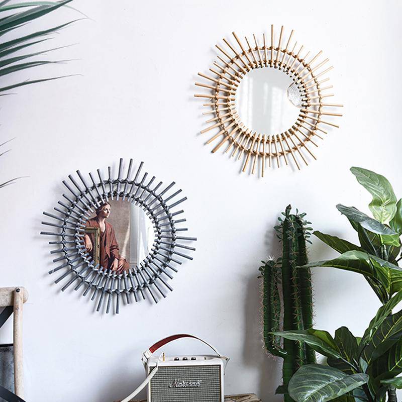 Miroir mural décoratif rond en rotin doré Rattan - vue 3 sur 5
