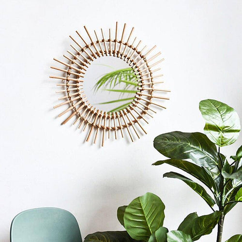 Miroir mural décoratif rond en rotin doré Rattan - vue 2 sur 5