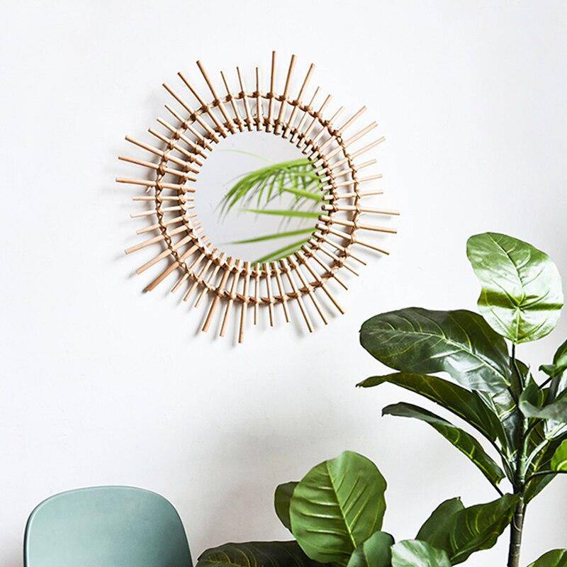 Miroir mural décoratif rond en rotin doré Rattan - vue 2 sur 5