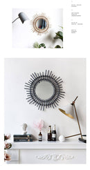 Miroir mural décoratif rond en rotin noir Rattan