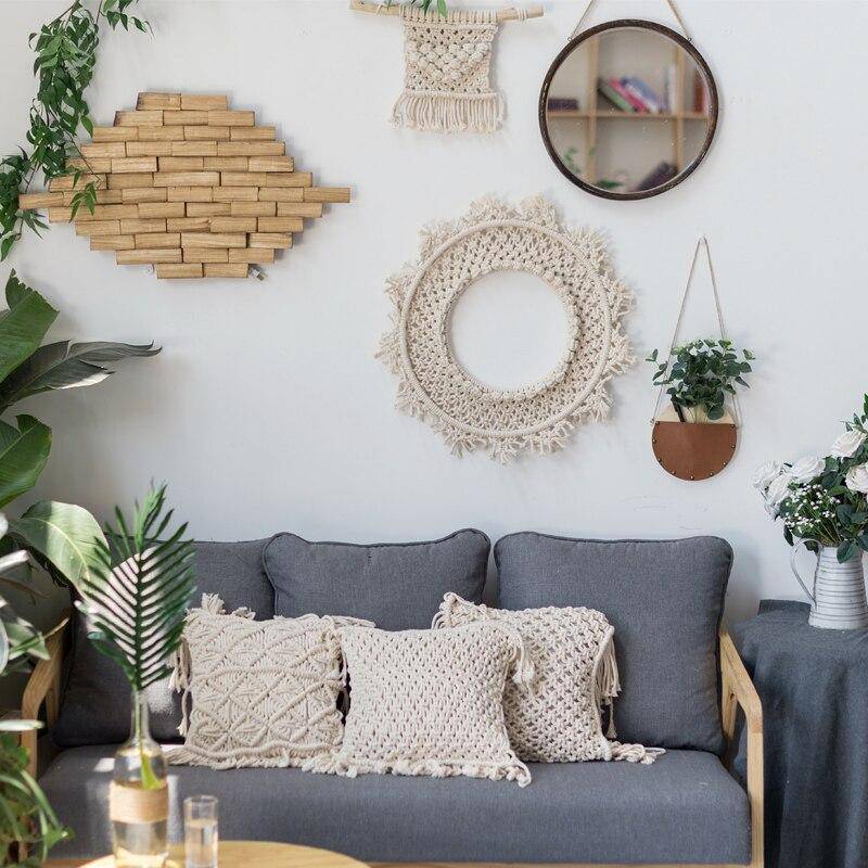Miroir mural rond en tissu beige Bohemian - vue 2 sur 7