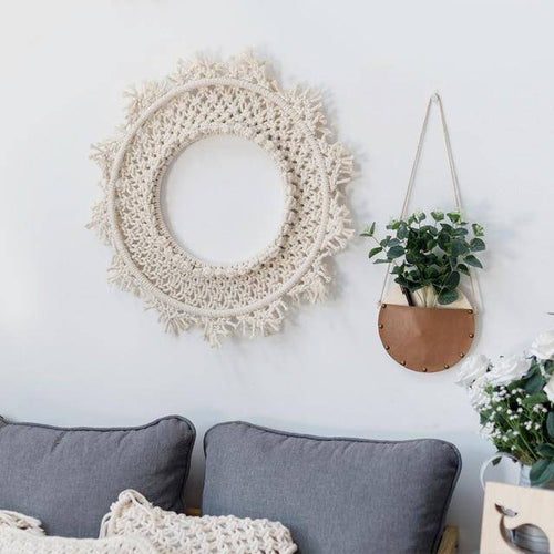 Miroir mural rond en tissu beige Bohemian