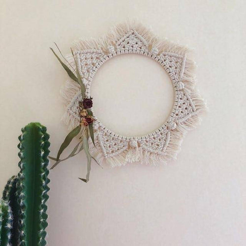 Miroir mural rond en tissu beige Bohemian - vue 6 sur 7