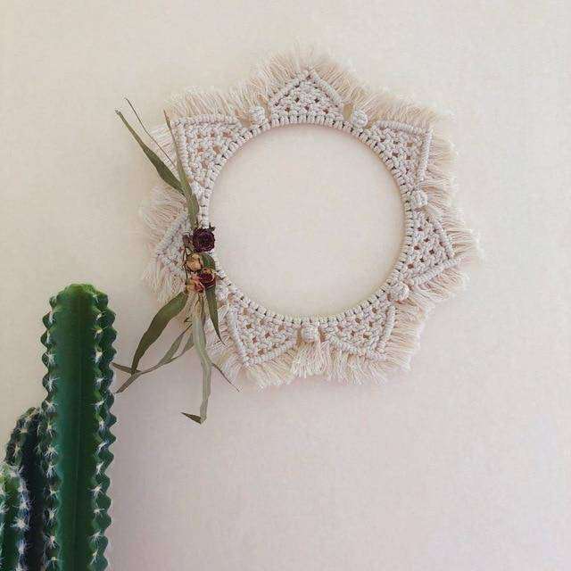 Miroir mural rond en tissu beige Bohemian - vue 5 sur 7