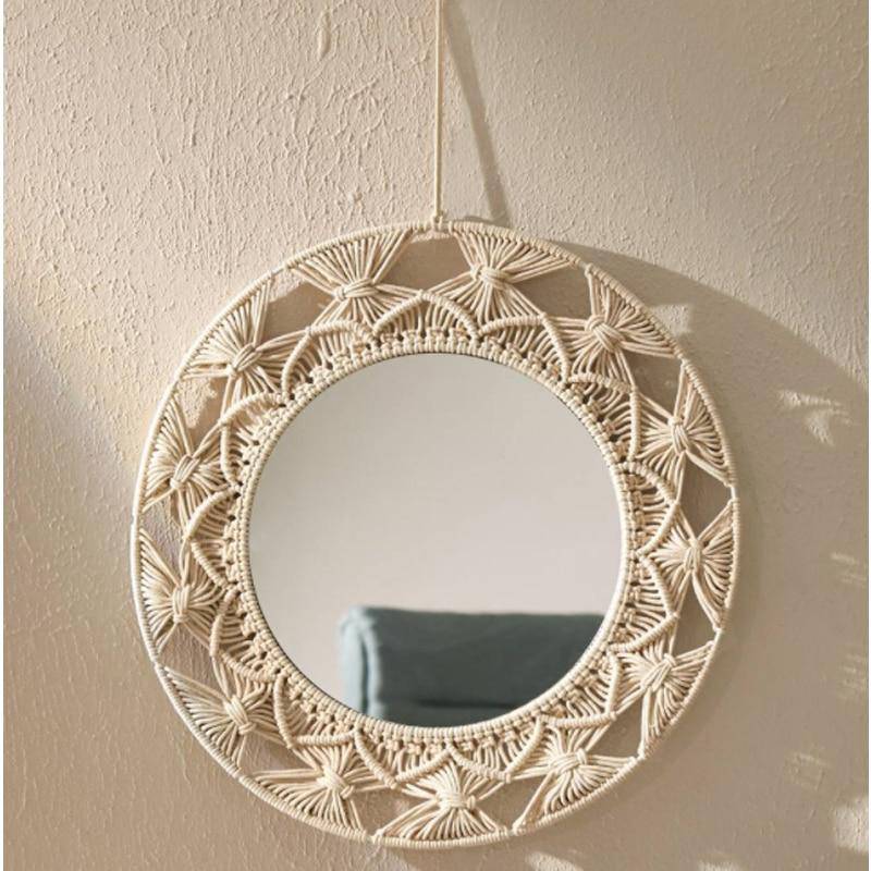 Miroir mural décoratif rond en tissu Macrame - vue 2 sur 8