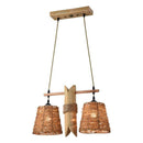 Suspension rustique LED avec deux abat-jours en rotin