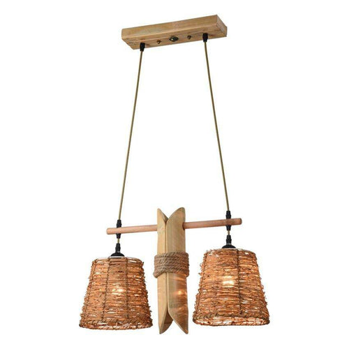 Suspension rustique LED avec deux abat-jours en rotin - vue 4 sur 3