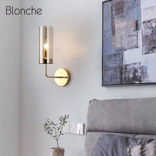 Applique murale design cylindrique en verre et base dorée - vue 9 sur 9