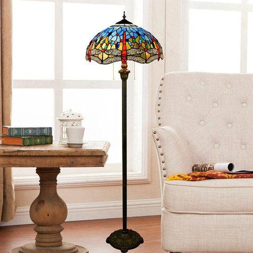 Lampadaire tiffany avec abat-jour en verre vitrail multicolore - vue 2 sur 4
