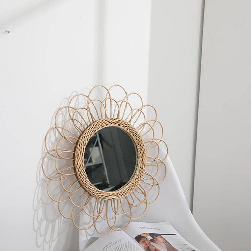 Miroir mural décoratif rond à pétale de fleur en rotin - vue 3 sur 7
