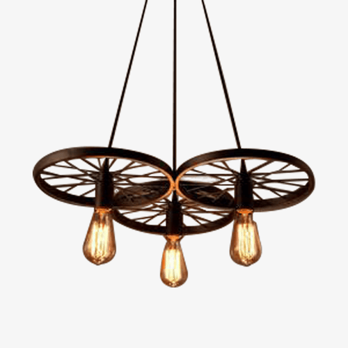 Suspension antique et rustique en forme de roue avec lampes apparantes - vue 2 sur 5