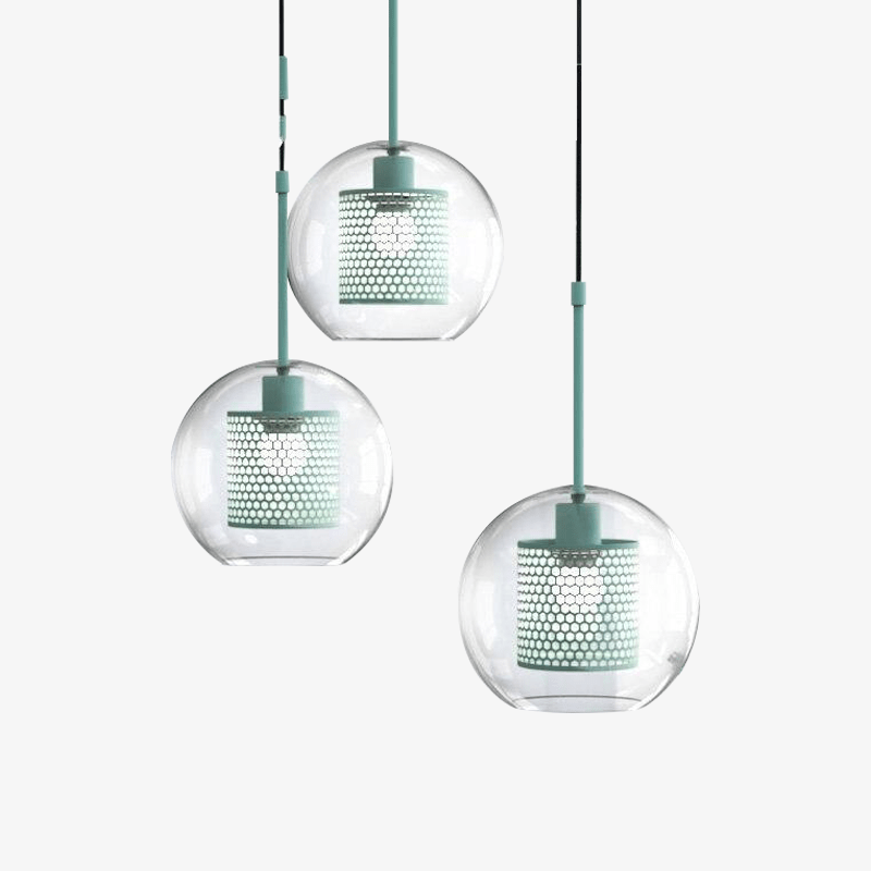 Suspension design à LED cage dans boule en verre
