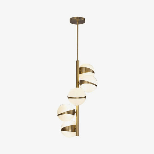 Suspension design LED tube dorée avec plusieurs boules blanches - vue 2 sur 7